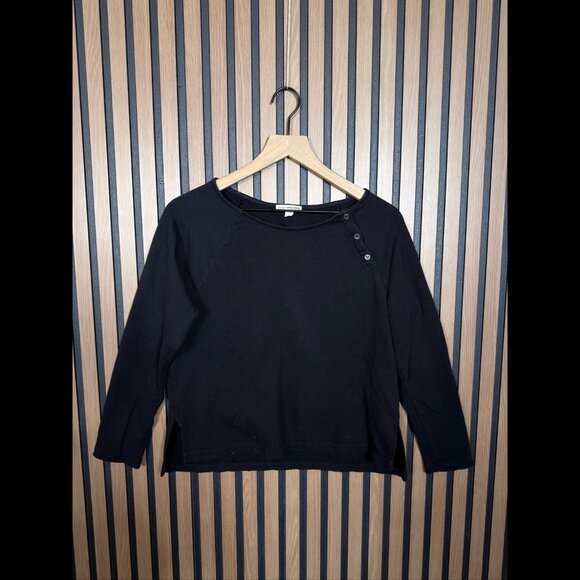 James Perse Sweatshirt 2 Womens Black French Terry Shall 3 Button Boat Neck Crop - Picture 1 of 6